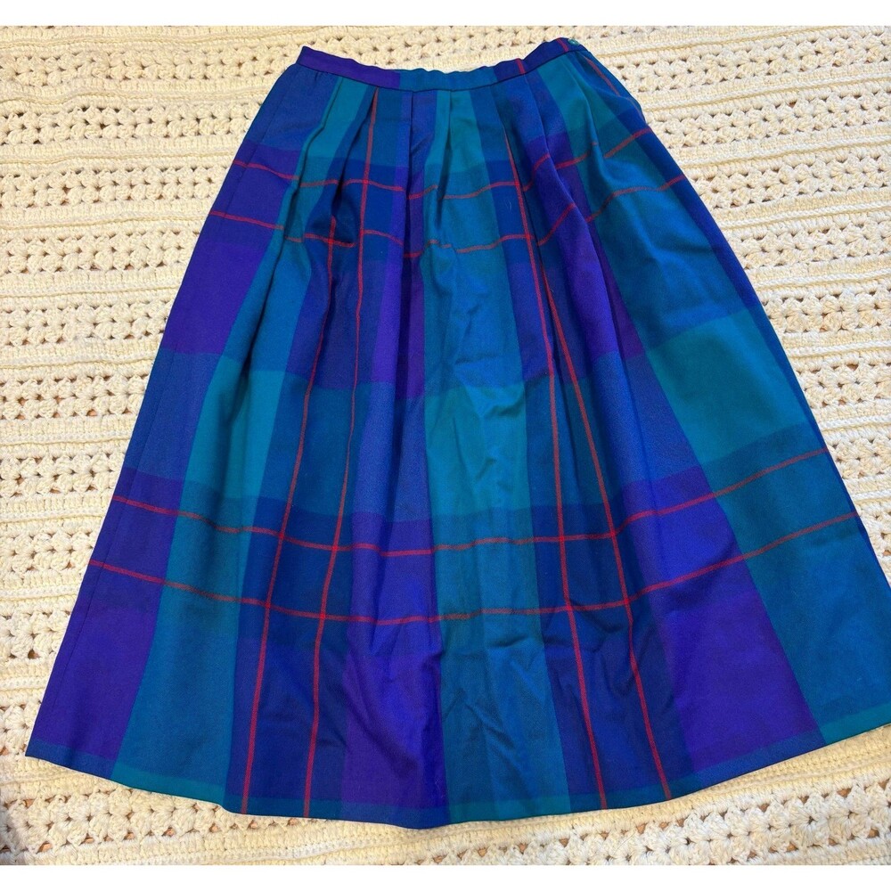 Clubhouse collection vintage pure wool plaid pleated skirt blue purple green 10